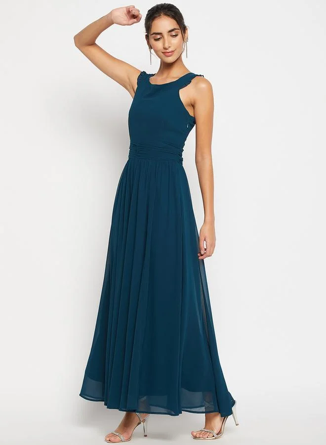 WineRed Women Blue Sleeveless A-Line Midi Dress